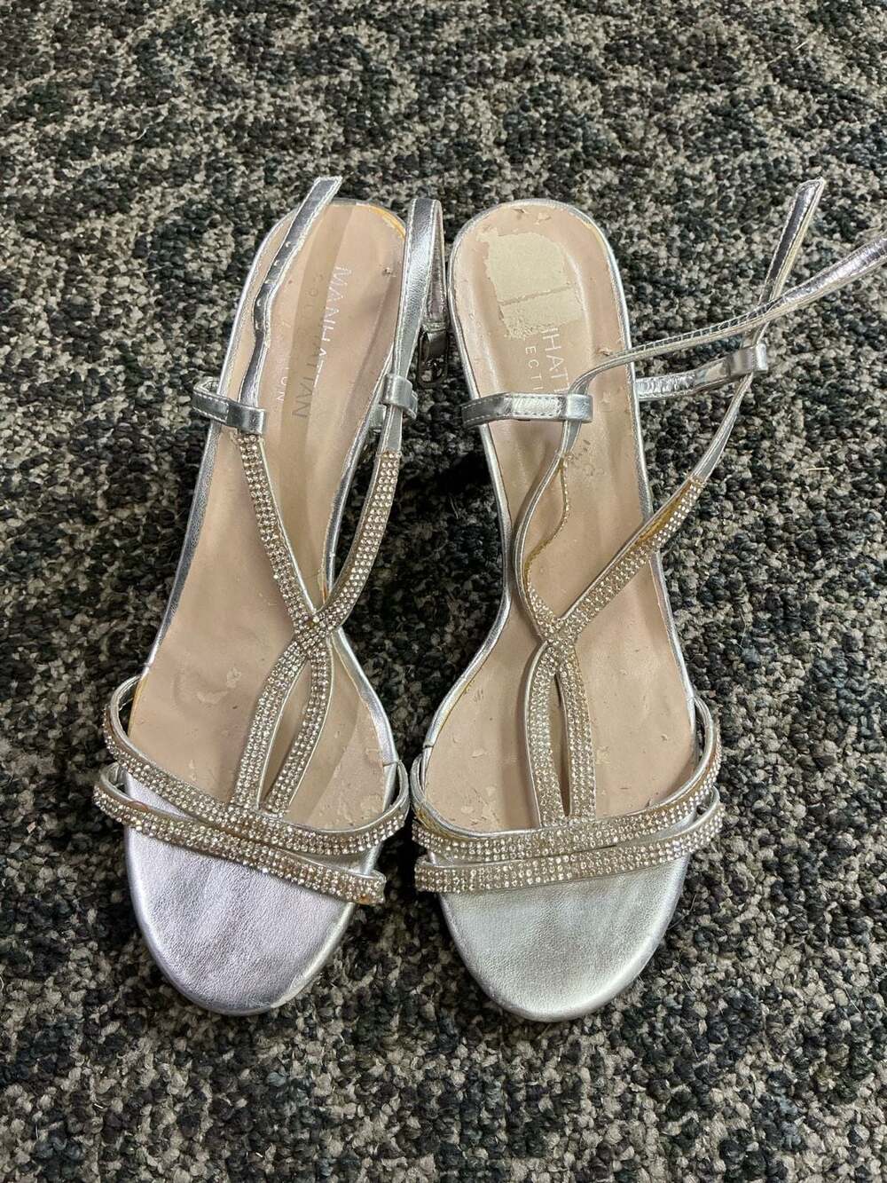 Manhattan Collection Silver Rhinestone T-Strap Kitten Heel Sandals